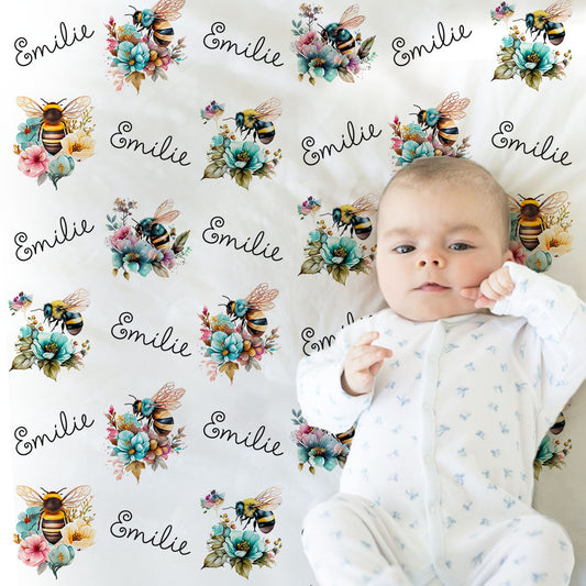 Personalized Bee Flowers Baby Name Blanket