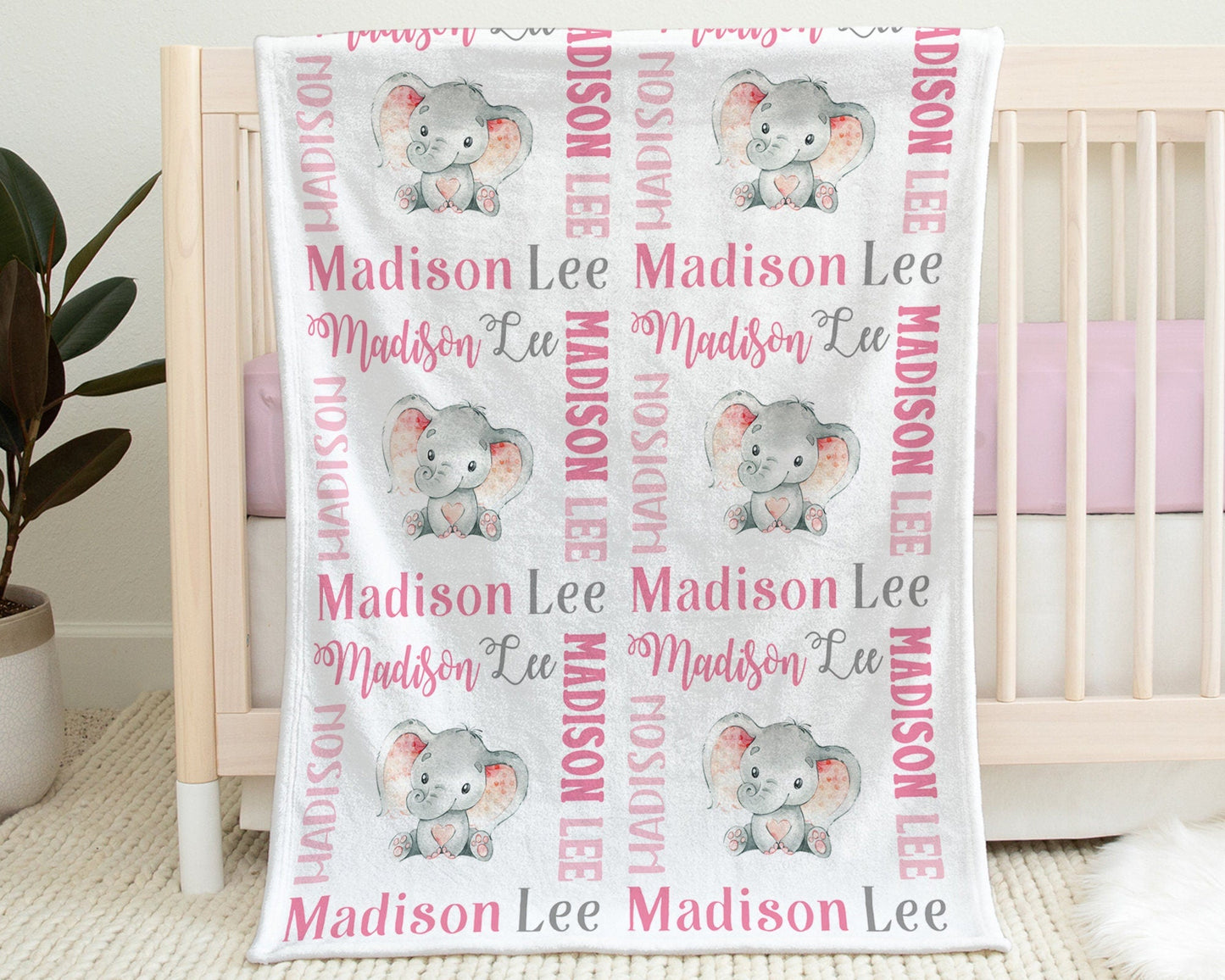 Personalized Elephant Baby Name Blanket Girl Pink