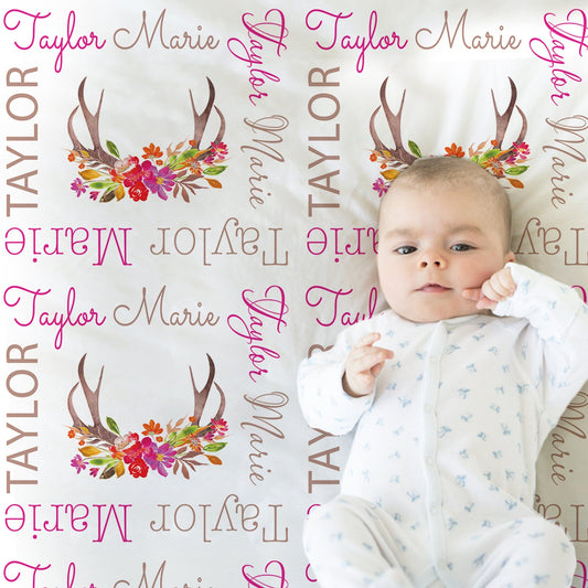 Personalized Floral deer antler Baby Name Blanket , girl