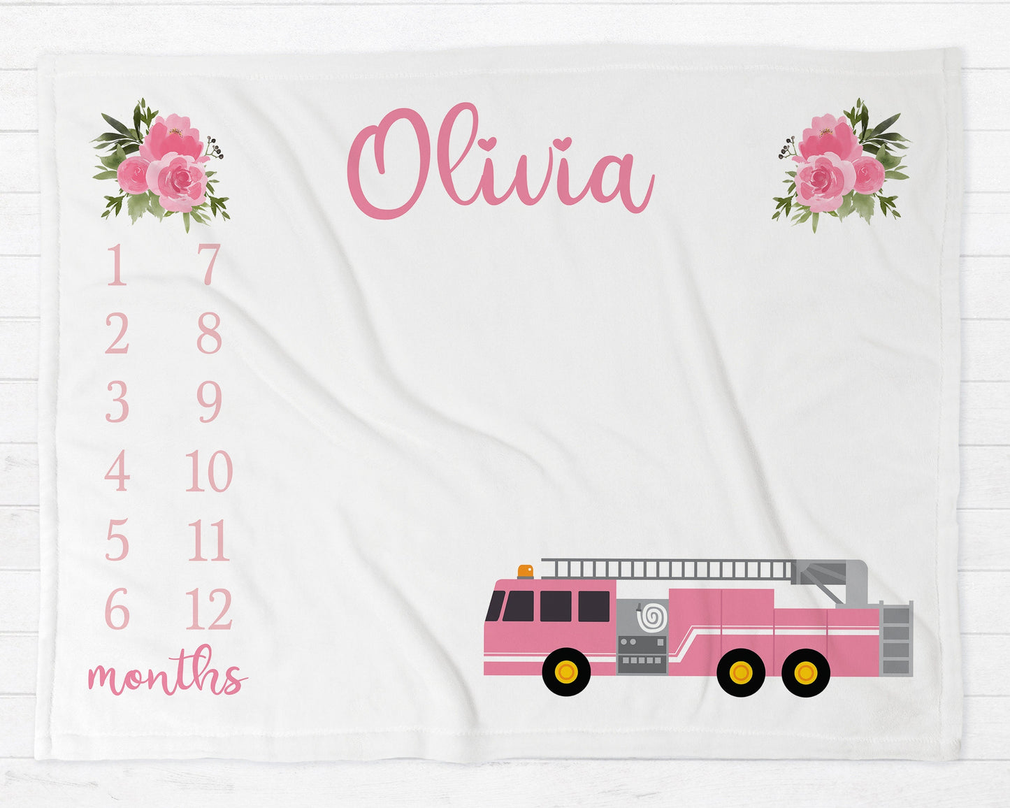 Pink Firetruck Flowers Milestone Baby Blanket Personalized Baby Growth Photo Blanket