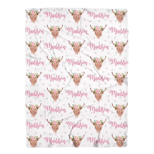 Personalized Jersey Highland Cow Pink Girls Baby Name Blanket