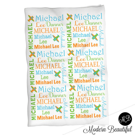Personalized Airplane Baby Name Blanket Boy Red and Blue