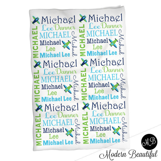 Personalized Airplane Baby Name Blanket Boy Green Blue Orange