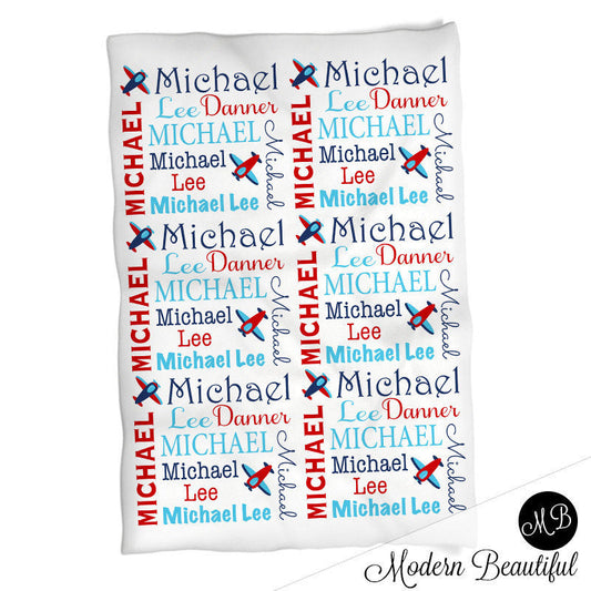 Personalized Airplane Baby Name Blanket Boy Orange and Blue