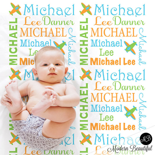 Personalized Airplane Baby Name Blanket Boy Green Blue Orange