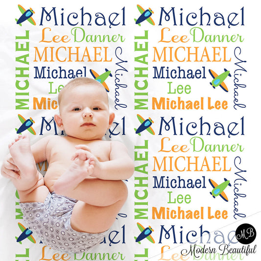 Personalized Airplane Baby Name Blanket Boy Orange and Blue