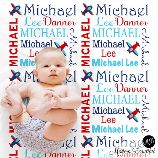 Personalized Airplane Baby Name Blanket Boy Red and Blue