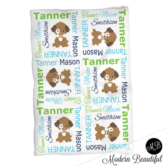 Personalized Puppy Baby Name Blanket Boy