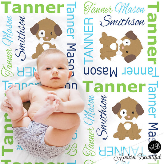Personalized Puppy Baby Name Blanket Boy