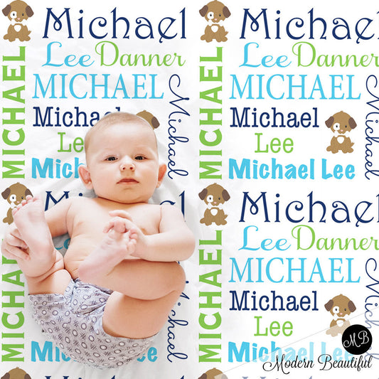 Personalized Puppy Baby Name Blanket Boy Blue