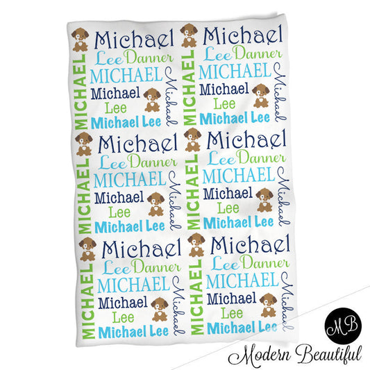 Personalized Puppy Baby Name Blanket Boy Blue