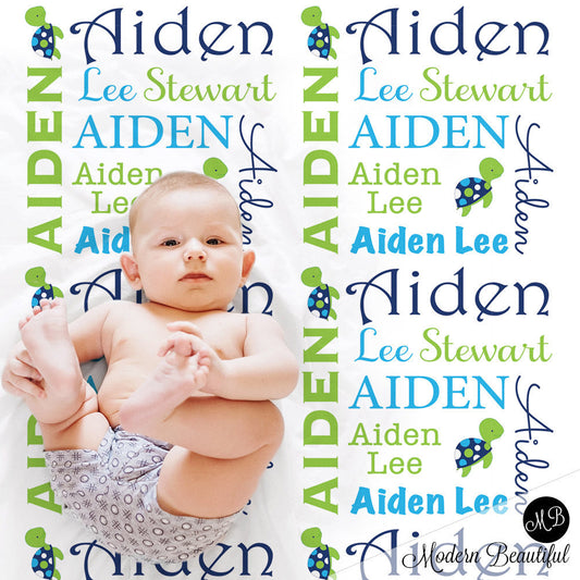 Personalized Sea Turtle Baby Name Blanket Boy