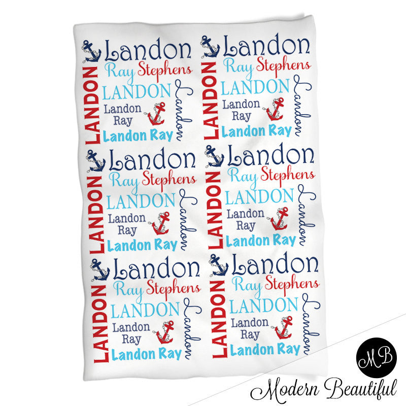 Personalized Nautical Baby Name Blanket Boy Red and Blue