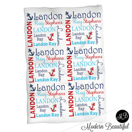 Personalized Nautical Baby Name Blanket Boy Red and Blue