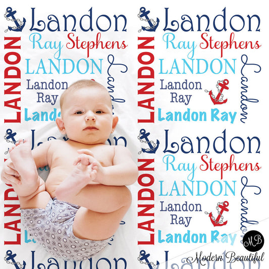 Personalized Nautical Baby Name Blanket Boy Red and Blue