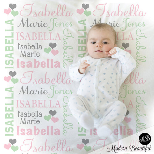 Personalized Hearts Baby Name Blanket Pink Mint