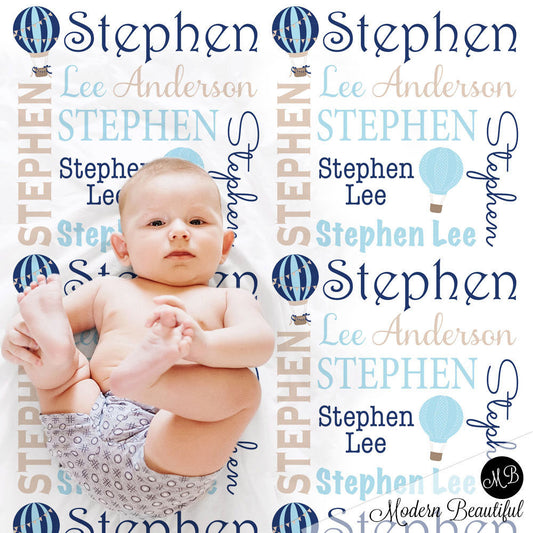 Personalized Balloon Baby Name Blanket Boy