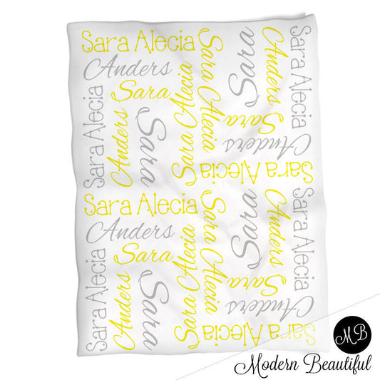 Personalized Baby Name Blanket Yellow and Gray