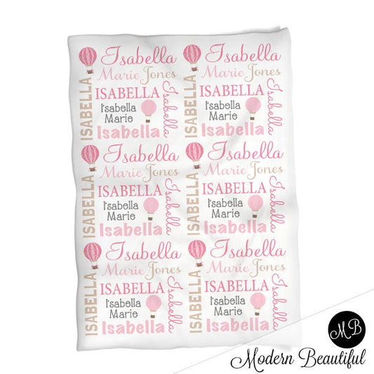 Personalized Hot air balloon Baby Name Blanket Girl