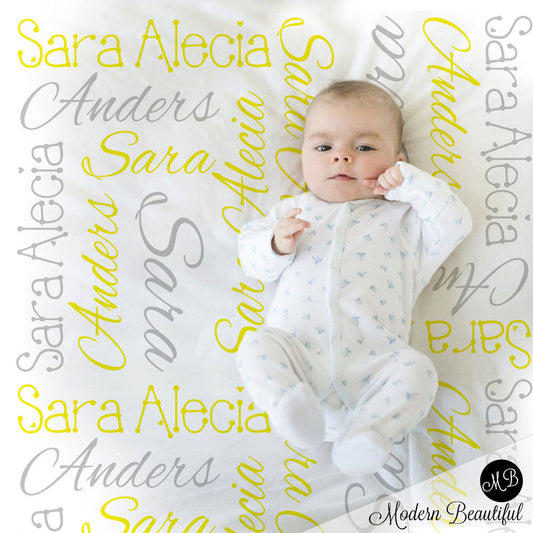 Personalized Baby Name Blanket Yellow and Gray