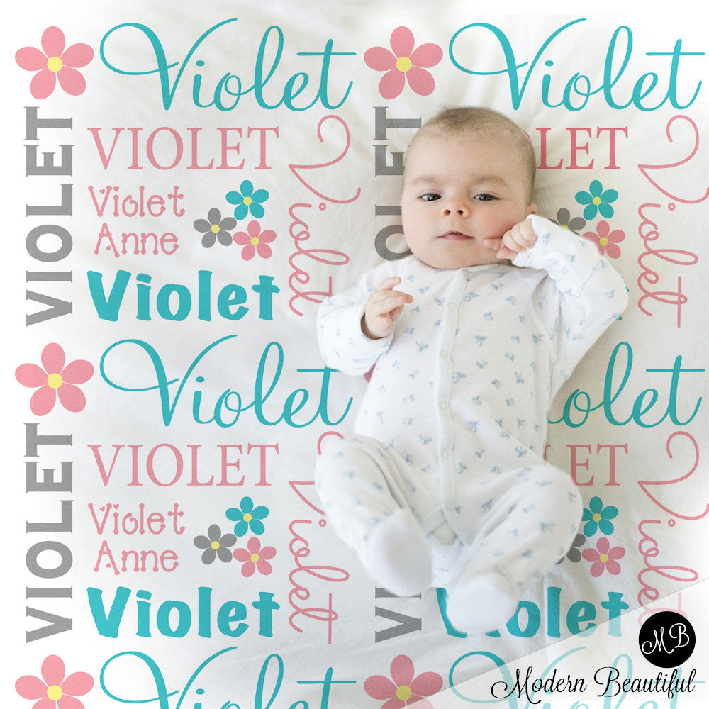 Personalized Flower Baby Name Blanket In Pink Aqua and Gray