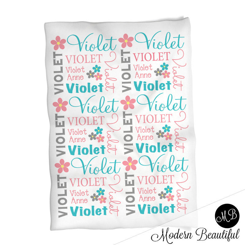 Personalized Flower Baby Name Blanket In Pink Aqua and Gray