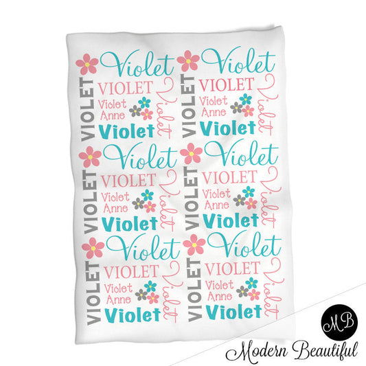 Personalized Flower Baby Name Blanket In Pink Aqua and Gray
