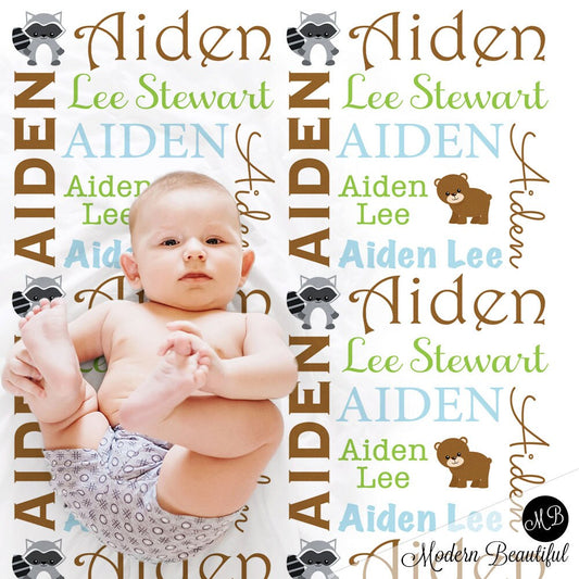 Personalized Woodland animals baby name blanket