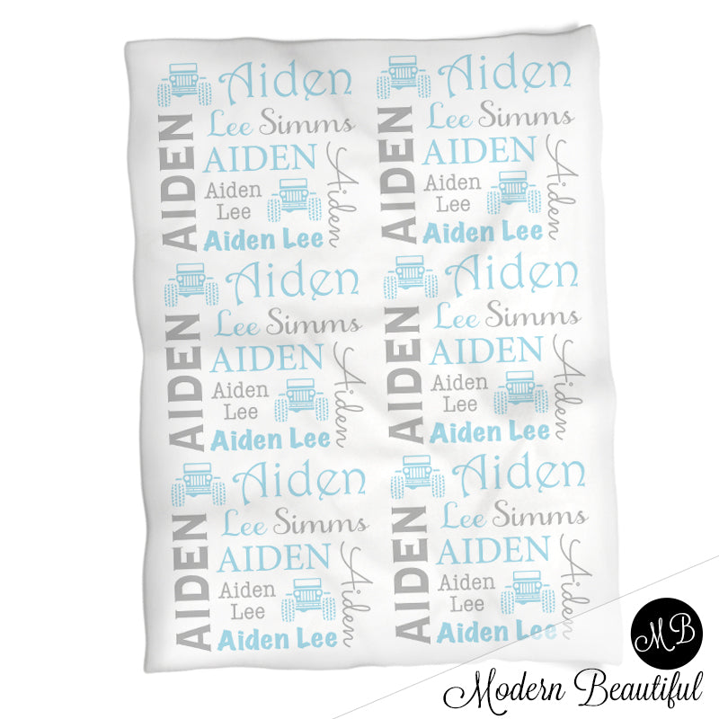 Personalized Jeep Baby Name Blanket Boy Blue
