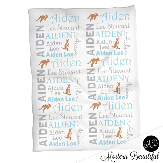 Personalized Kangaroo Baby Name Blanket Boy Blue