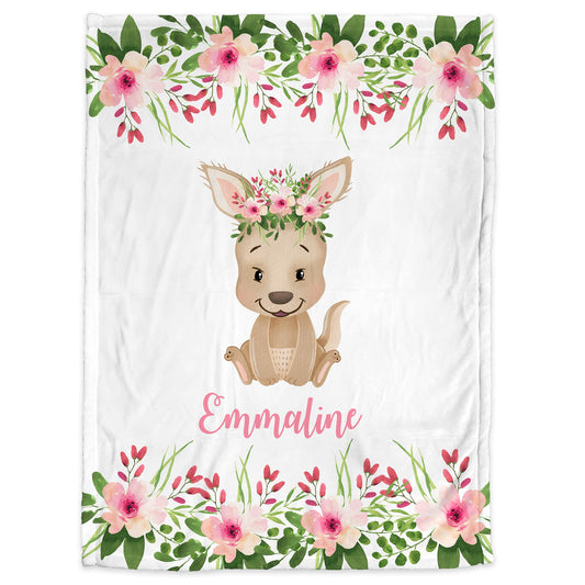 Personalized kangaroo flowers blanket, pink and gray name blanket