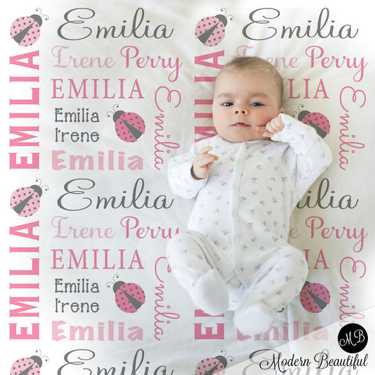 pink and gray ladybug baby blanket