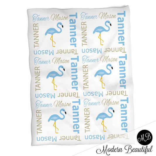 Personalized Flamingo Baby Name Blanket Boy Blue