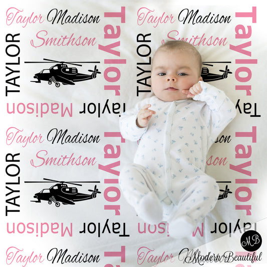 pink and black helicopter baby blanket