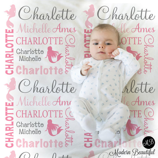 pink and gray mermaid baby blanket