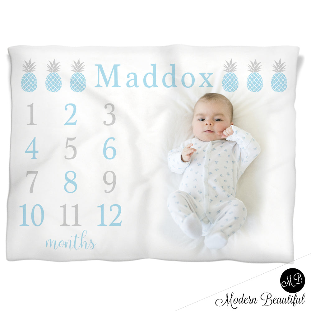 Blue Pineapple Milestone Baby Blanket Personalized Baby Growth Photo Blanket