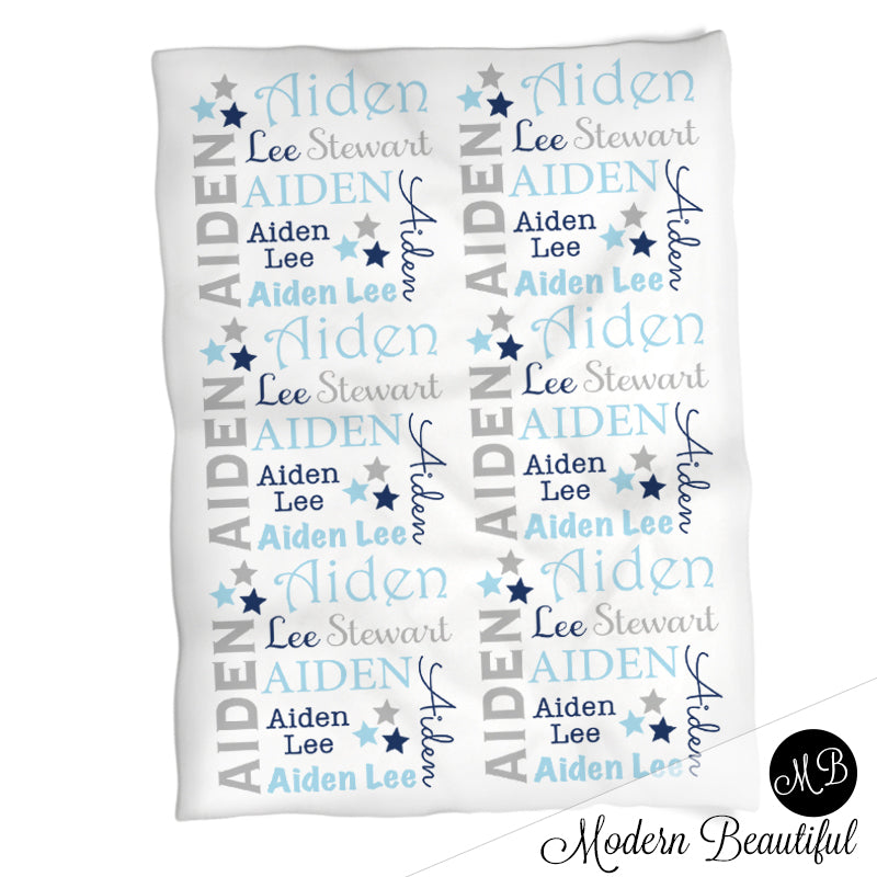 Star baby blanket in blue and gray for boy, personalized baby gift, star blanket, stars blanket, personalized blanket, photo prop, choose colors
