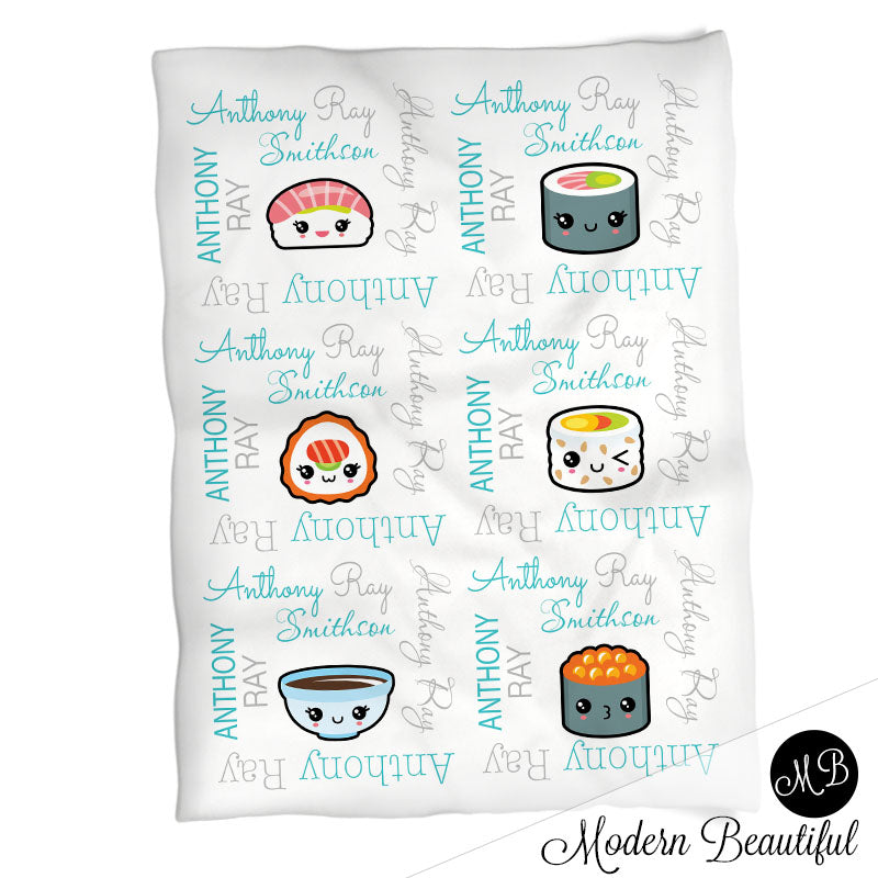 Personalized Kawaii Sushi Baby Name Blanket Boy