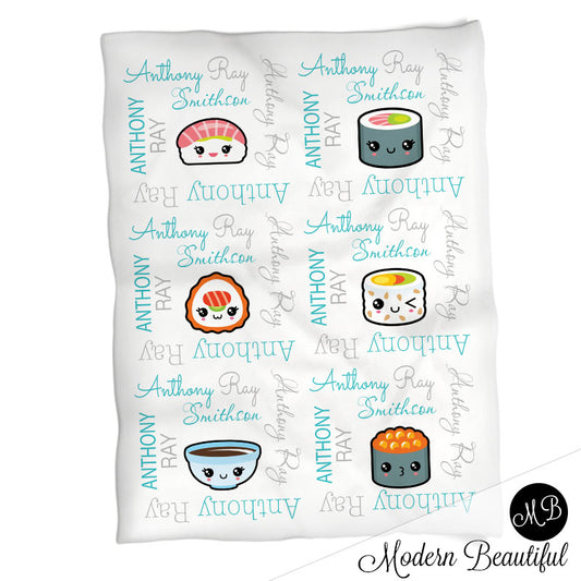 Personalized Kawaii Sushi Baby Name Blanket Boy