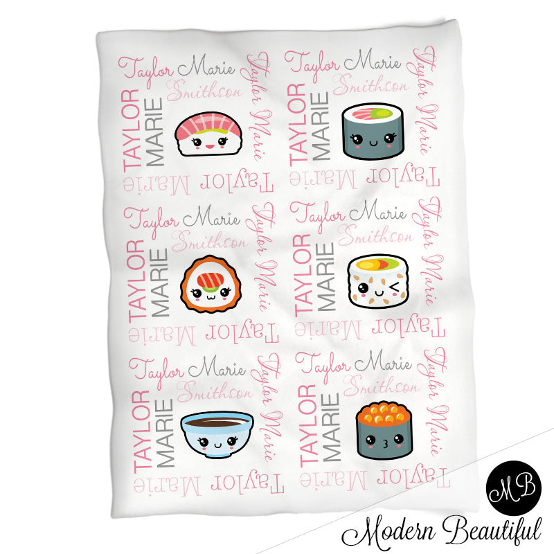 Cute kawaii sushi baby name blanket, pink and gray sushi swaddling blankets, baby girl kawaii blanket, sushi name blanket, sushi baby shower gift, (CHOOSE COLORS)
