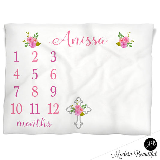 Pink Cross Baptism Milestone Baby Blanket Personalized Baby Growth Photo Blanket