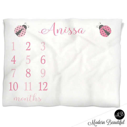 Pink Ladybug Milestone Baby Blanket Personalized Baby Growth Photo Blanket