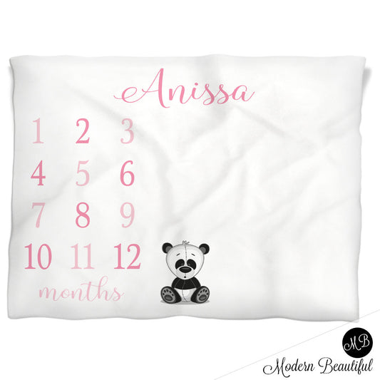 Panda Milestone Baby Blanket Personalized Girl Pink Baby Growth Photo Blanket