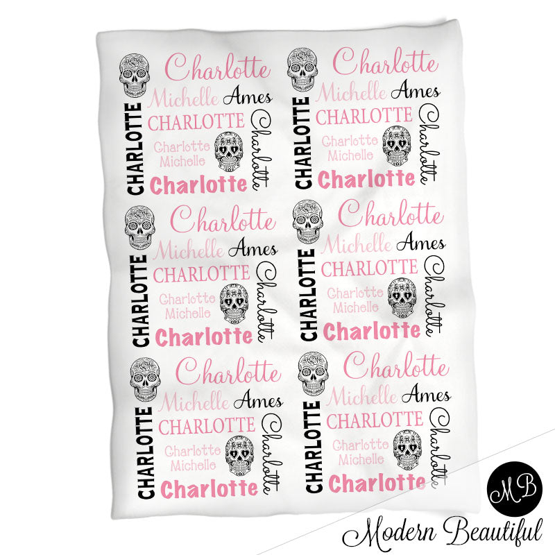 Personalized Sugar Skull Baby Name Blanket Girl