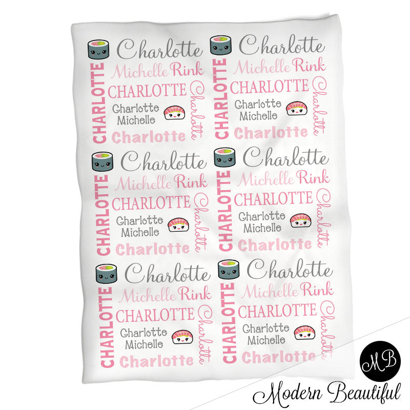 Kawaii sushi baby name blanket, pink and gray sushi swaddling blanket, baby girl kawaii blanket, sushi name blanket, sushi baby shower gift, (CHOOSE COLORS)
