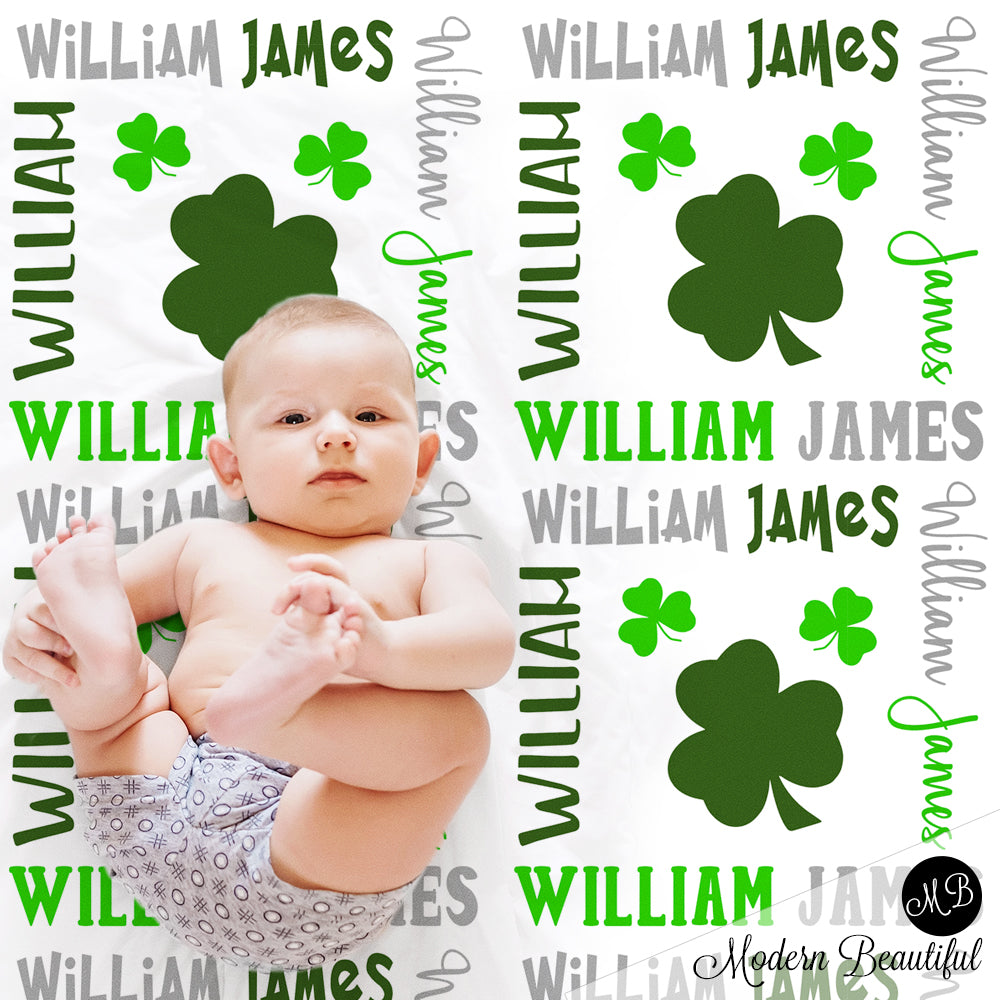 Shamrock clover baby name blanket, shamrock blanket, clover baby blanket, baby swaddling blankets, baby girl or boy, baby name blanket, baby shower gift, personalized baby name blanket(CHOOSE COLORS)