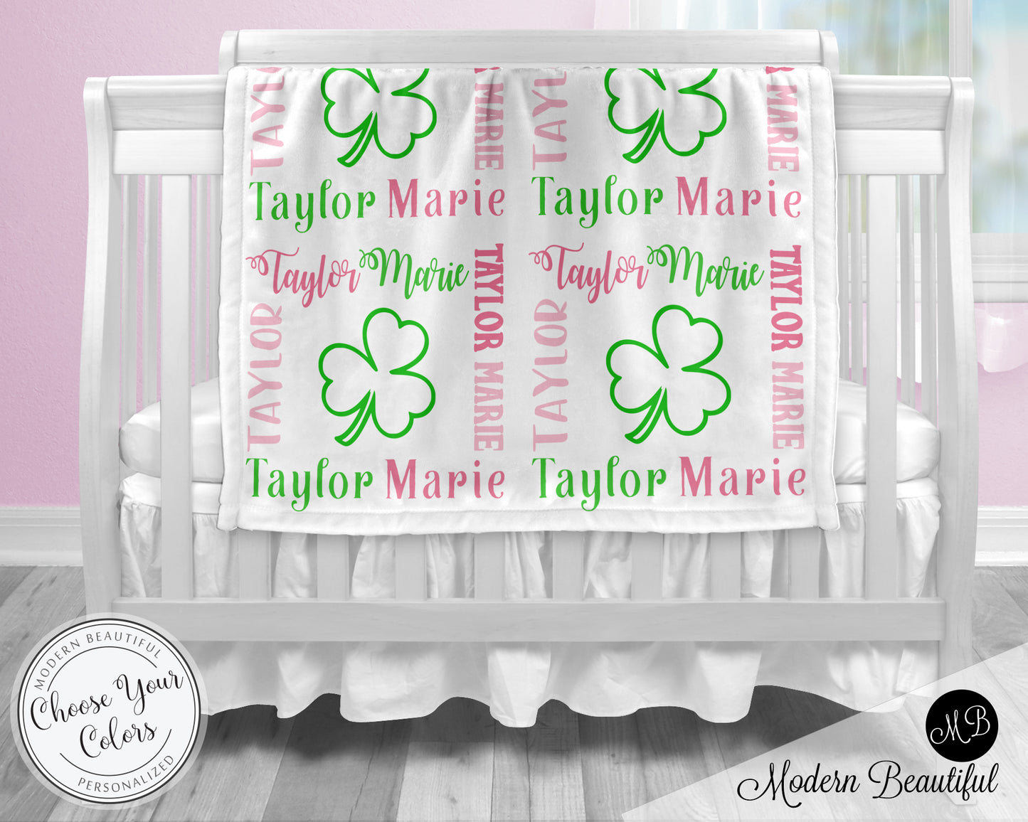 Personalized Shamrock Baby Name Blanket Pink