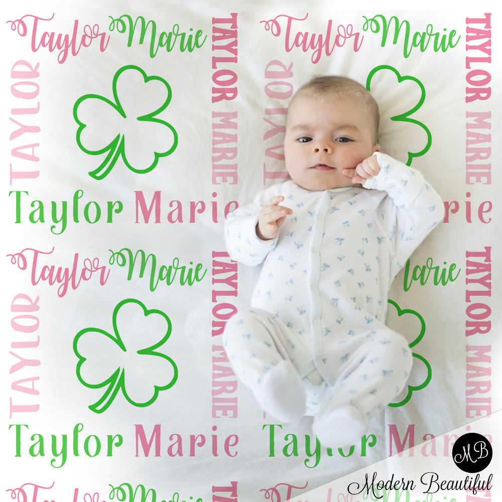 Girl pink shamrock clover baby name blanket, shamrock blanket, clover baby blanket, baby swaddling blankets, baby girl or boy, baby name blanket, baby shower gift, personalized baby name blanket(CHOOSE COLORS)