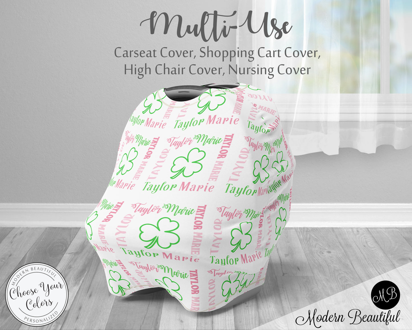 Shamrock baby boy or girl car seat canopy cover, clover baby gift, green and white, custom infant car seat cover, personalized baby name carseat cover, nursing privacy cover, shopping cart cover, high chair cover (CHOOSE COLORS)