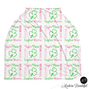 Baby girl shamrock baby boy or girl car seat canopy cover, clover baby gift, pink, green and white, custom infant car seat cover, personalized baby name carseat cover, nursing privacy cover, shopping cart cover, high chair cover (CHOOSE COLORS)